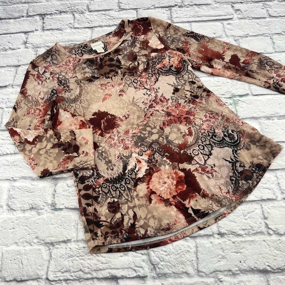 Chicos Womens Brown Tan Floral Lace Print Top Size 0 / Medium Long Sleeve Blouse